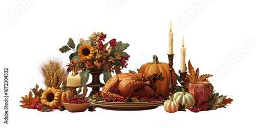 THANKSGIVING DAY. Festive table. Turkey. Transparent background. For designers, marketers. Popular image, illustration, object, holiday, family.