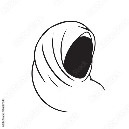 Minimalist line art icon of a woman wearing a traditional hijab headscarf, representing Muslim faith, culture, and identity