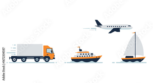 Transportation modes including truck airplane sailboat and ferry on water