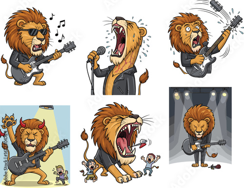Rockstar lion cartoon, roaring lion singer, guitar playing lion, stage performance animal, funny rock band concept, wild concert character
