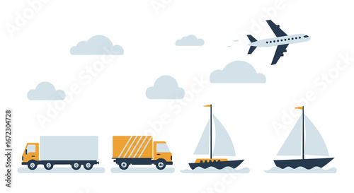 Transportation modes including truck airplane and sailboat on water under cloudy sky