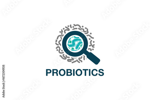 Probiotics logo design with magnifying glass and abstract bacteria icons, symbolizing gut health, microbiome, and natural wellness.