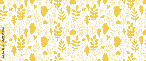 Fallen leaf seamless pattern. Yellow filled stamp and contour autumn leaves vector illustration. Surface design for textile, clothes, stationary etc.