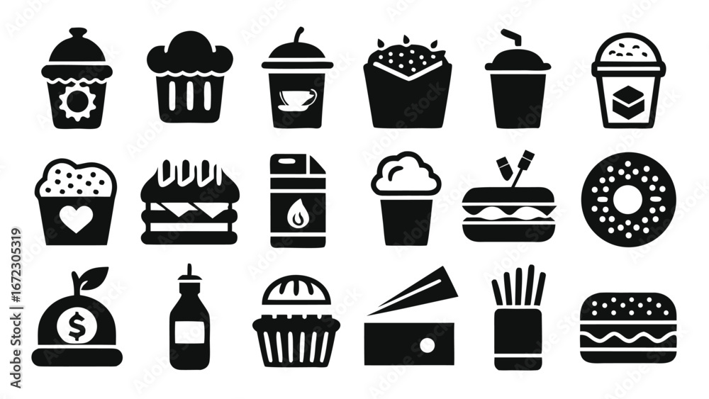 Various food and drink icons with money and fuel symbols cupcake burger Various food and drink icons with money and fuel symbols cupcake burger