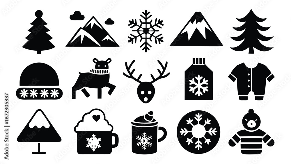 Fototapeta premium Winter icons including trees mountains snowflakes and clothing christmas