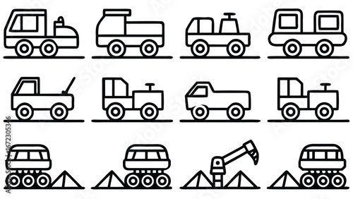 Various simplified vehicle icons and industrial equipment truck transportation