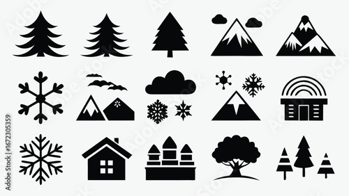 Winter nature and building icons christmas trees pine trees