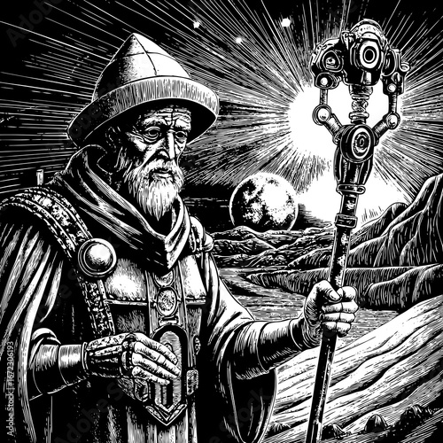 medieval knight with humanoid guardian spirit 