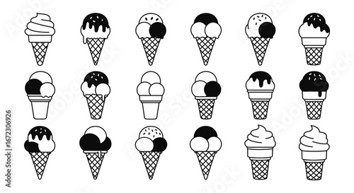 a collection of various ice cream cones with different toppings and flavors