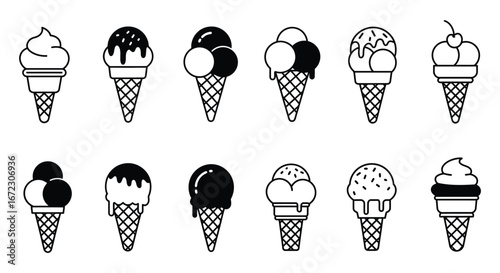 A variety of different ice cream cones with various toppings and flavors