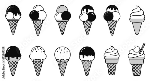 A collection of various ice cream cones with different flavors and toppings