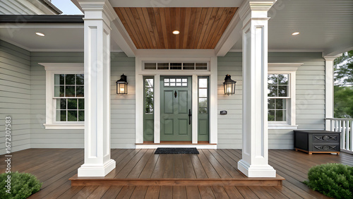 The flooring is made of polished wood, adding warmth to the entrance. The central focus is a wooden front door with a natural.