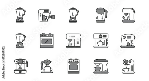 A collection of various kitchen appliances including coffee makers and toasters
