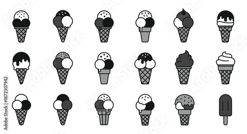 A collection of various ice cream cones and popsicles in black and white