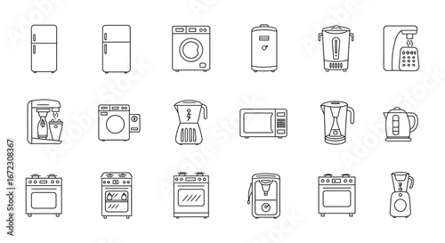 Line drawings of various household kitchen appliances and electronics