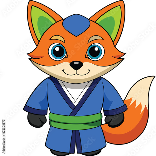 Cartoon Fox Character Wearing Blue Kimono with Green Belt and Orange Tail