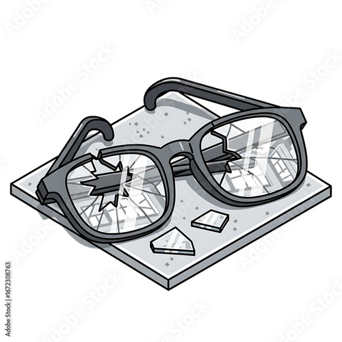 Broken glasses on paper symbolizing shattered vision, failure, or lost clarity.