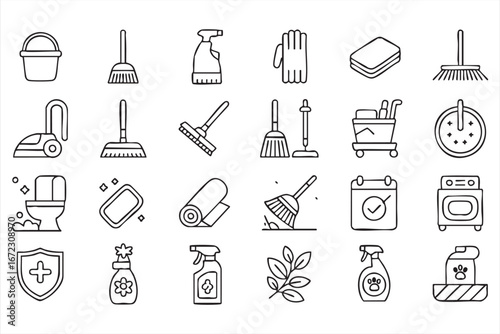 Hygiene and Disinfecting Icons with Mop Spray Bottle Toilet Brush and Sponge
