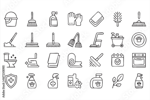 Sanitation and Cleaning Outline Vector Icon Pack with Household Equipment