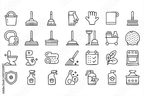 Cleaning Supplies and Tools Outline Icon Set with Household Hygiene Vectors