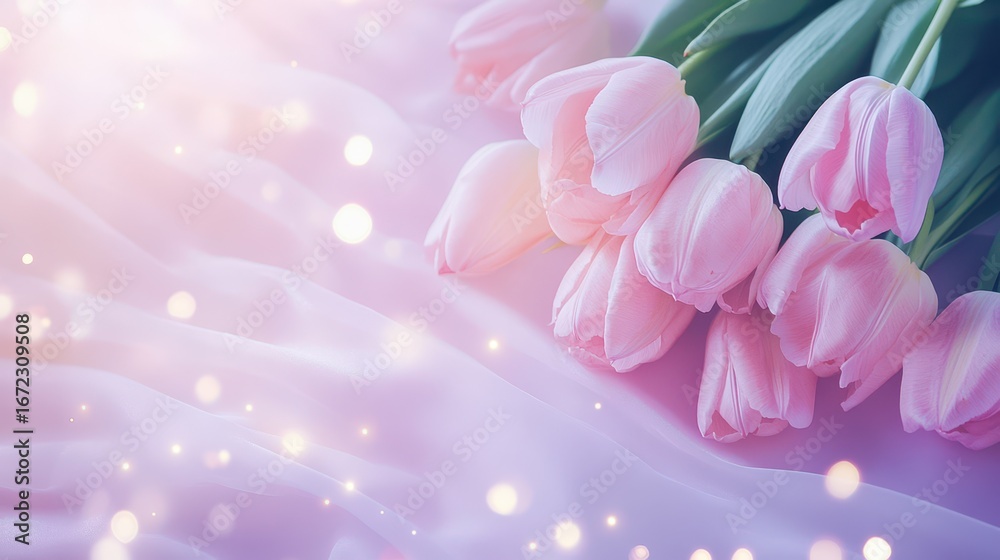 Fototapeta premium Pink tulips bloom on a soft fabric with a touch of sparkle and romantic bokeh lights.