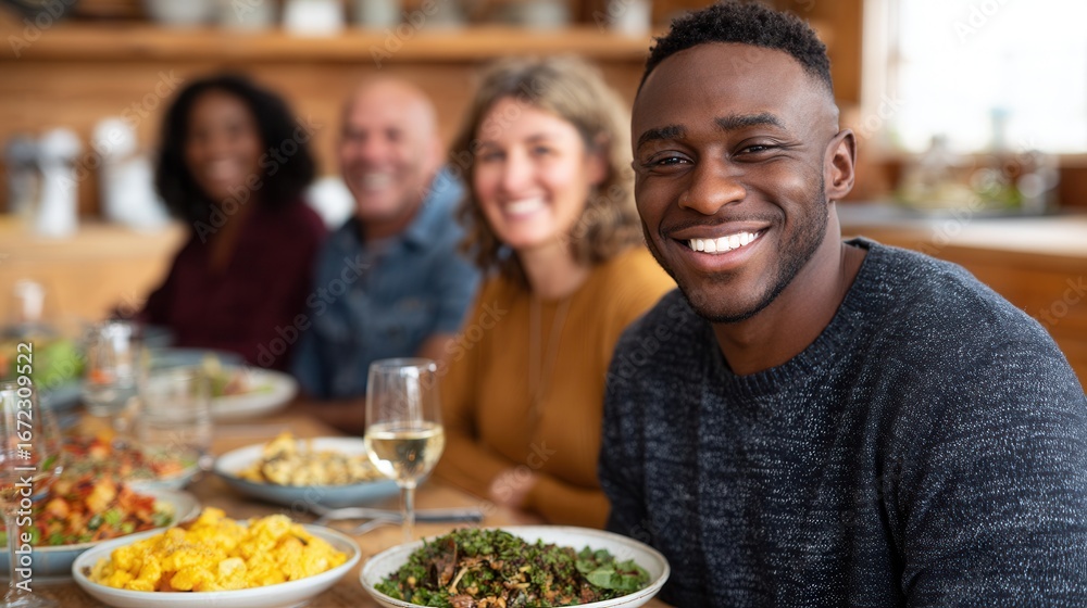 Obraz premium A group of friends sharing a joyful meal in a warm, inviting setting. Laughter and good food create a cheerful atmosphere.