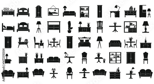 Collection of various furniture icons in black silhouette on white background