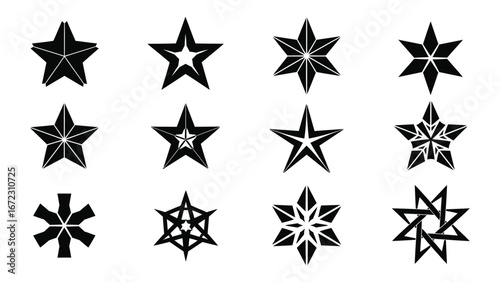 A diverse collection of elegant geometric star vector designs, showcasing various stylized multi-point shapes and abstract celestial patterns for creative graphic projects and digital assets