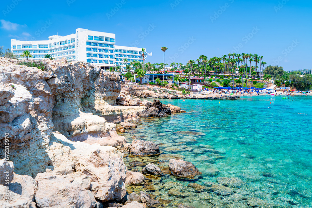 Fototapeta premium The most beautiful region of Cyprus, Protaras, Cape Greco, view of the Nisia Loumbardi beach with the azure Sea.