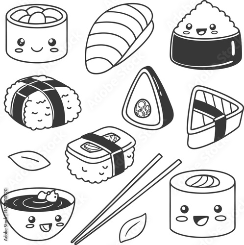 Cute Funny Happy Sushi, Maki, Rolls Cartoon Character Set Collection. kawaii Japanese food icons set. kawaii Sushi vector set.