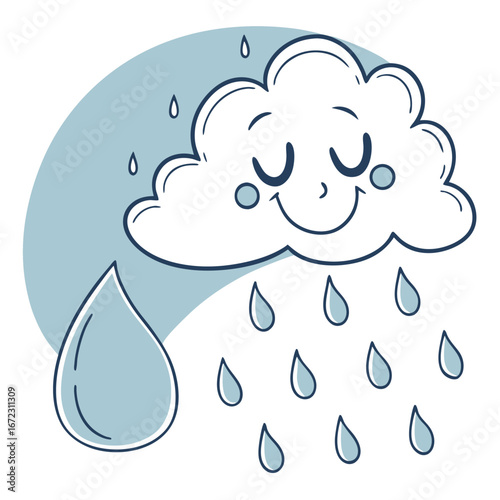 Cute raining cloud cartoon character. Hand drawn kawaii weather doodle for a kids illustration or nursery decor.

