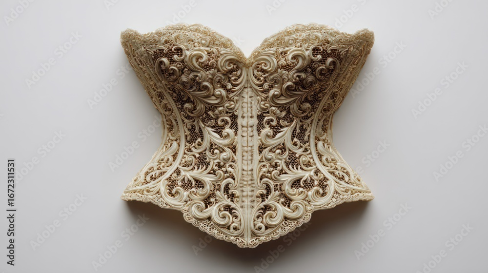 Fototapeta premium Intricate ivory corset with elaborate scrollwork design on white background