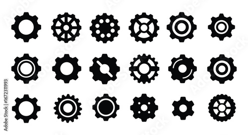 Collection of various gear icons in different shapes and designs on white background
