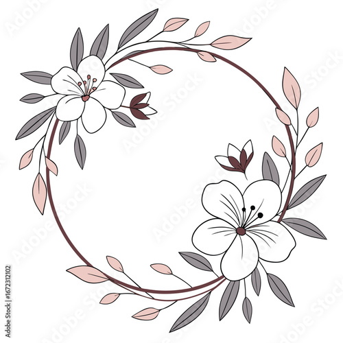 Hand drawn floral wreath with flowers and leaves. Elegant round frame for a wedding invitation or greeting card.

