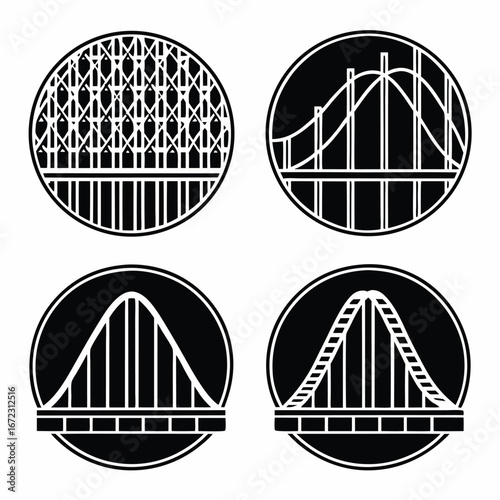 Set of roller coaster and bridge circular icons. Black and white vector logo templates for amusement or construction.

