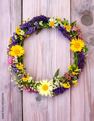 A vibrant floral wreath composed of various wildflowers rests on a light gray wooden surface.