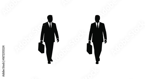 Two businessmen walking in formal attire with briefcases in hand