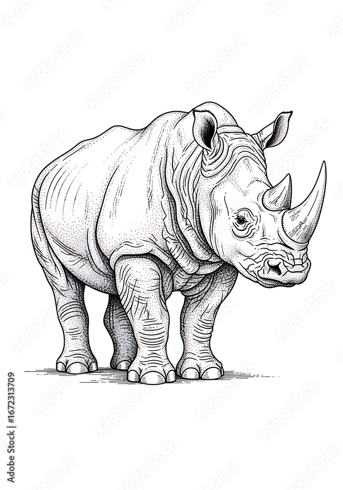 Fototapeta premium Detailed rhino sketch conveying strength and texture using precise stippling technique drawing animal