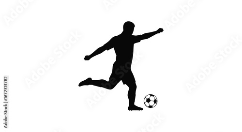 Soccer player kicking ball in mid action on white background