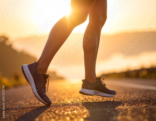 Piernas de un corredor iluminadas al amanecer, transmitiendo disciplina y fuerza interior