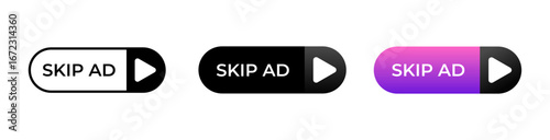 Three skip ad buttons with arrow icons in varying colors and styles for digital media navigation.