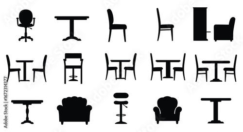 Collection of various office chairs and tables in different styles and silhouettes
