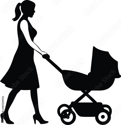 Mother Walking with Baby Stroller in Black and White Silhouette
