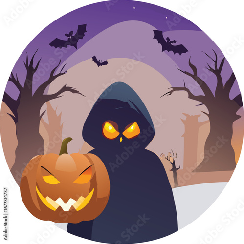 Menacing jack o lantern halloween illustration with spooky atmosphere