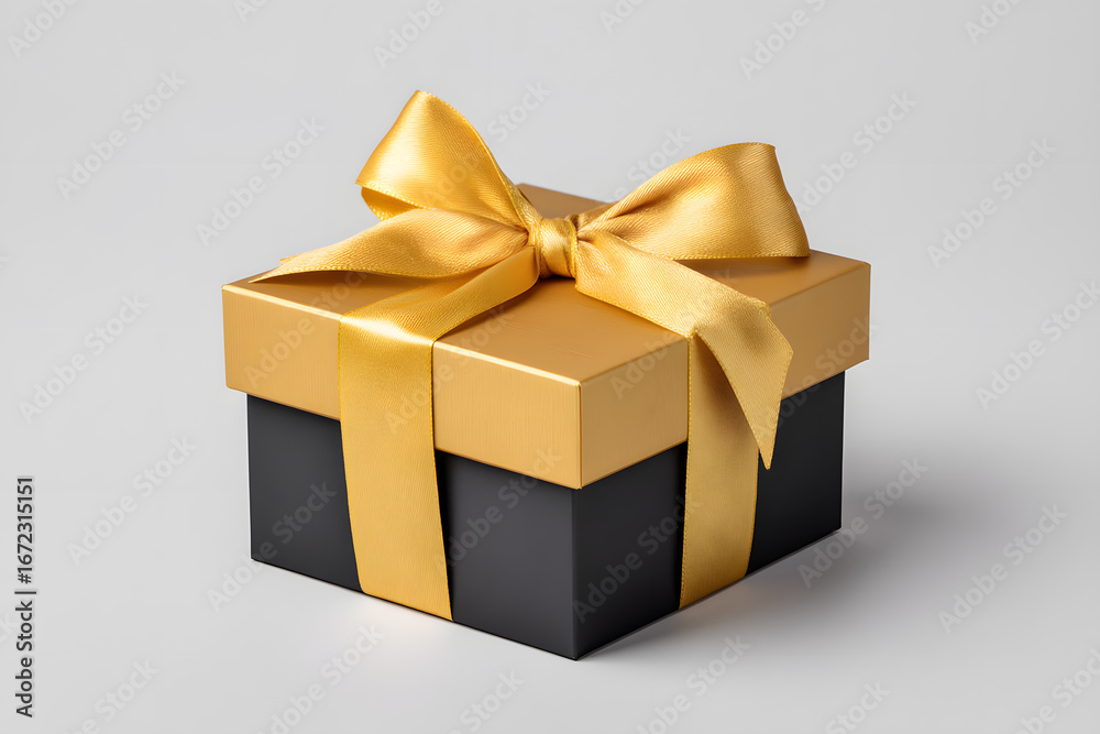 Obraz premium Elegant black square gift box with golden ribbon on white background. Perfect for luxury branding, celebration visuals, or holiday product packaging mockups.