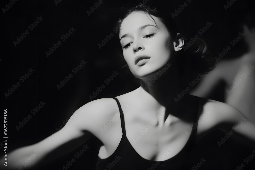 Naklejka premium Black and white image of female dancer moving through light and shadow. Artistic portrayal of emotion, movement, and dramatic contrast in dance.