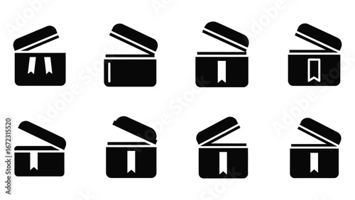 Vector illustration set of open gift boxes with ribbons, depicting various angles and states of unboxing or delivery, perfect for icons and symbols