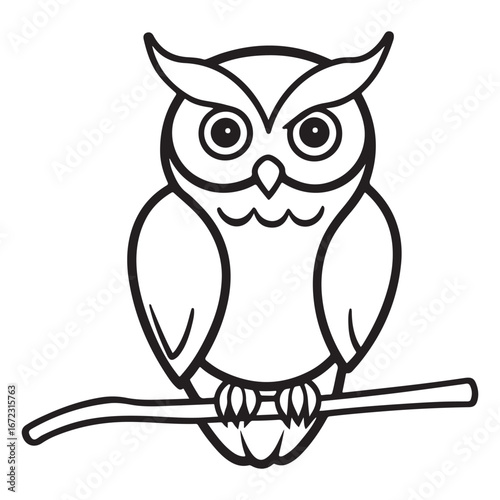 Wise Owl Perched on a Branch A Black and White Outline