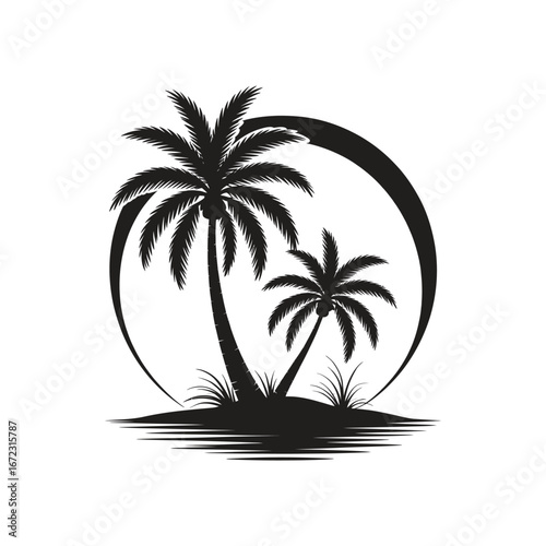 Tropical Island Scene with Two Palm Trees and a Circle