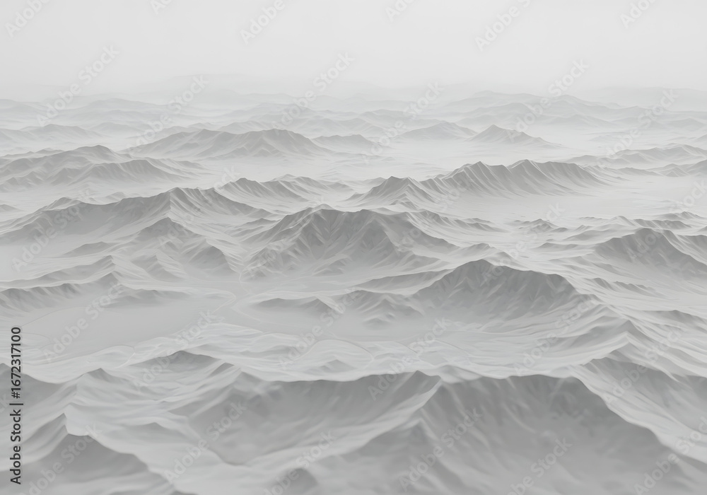 Obraz premium Misty mountain range, ethereal landscape, monochromatic view from above.
